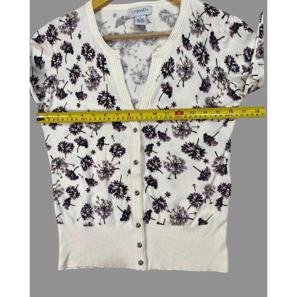 Carmen Marc Valvo Womens Floral‎ Snap Front Cardigan White Purple 3/4 Sleeve S
